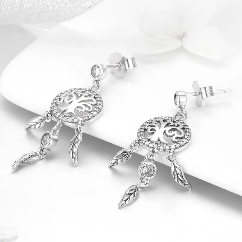 (image for) Pandora Style Silver Life Tree & Dream Catcher Hanging Earrings - SCE457 - View 4