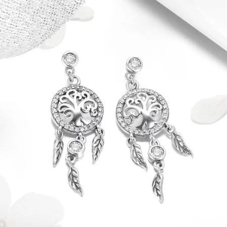 Pandora Style Silver Life Tree & Dream Catcher Hanging Earrings - SCE457
