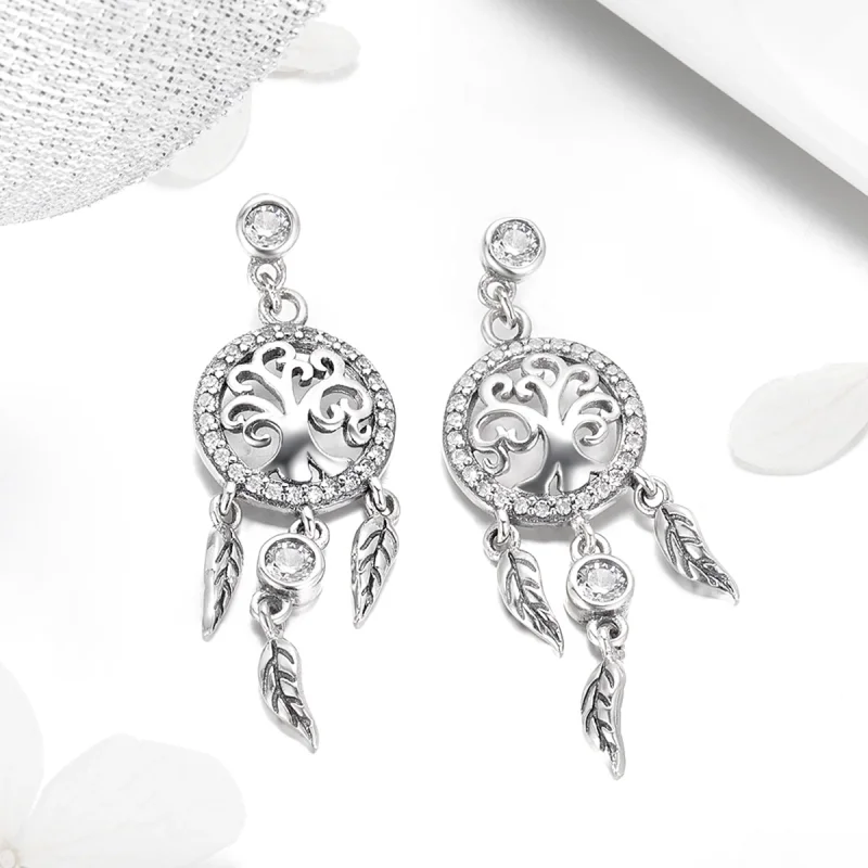 (image for) Pandora Style Silver Life Tree & Dream Catcher Hanging Earrings - SCE457 - View 5