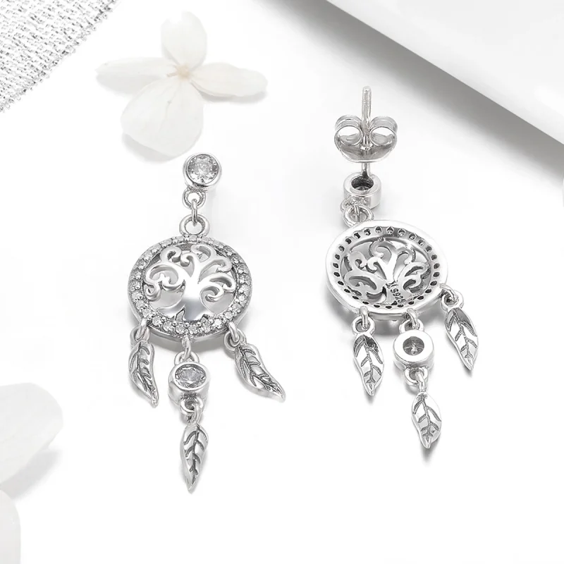 (image for) Pandora Style Silver Life Tree & Dream Catcher Hanging Earrings - SCE457 - View 6