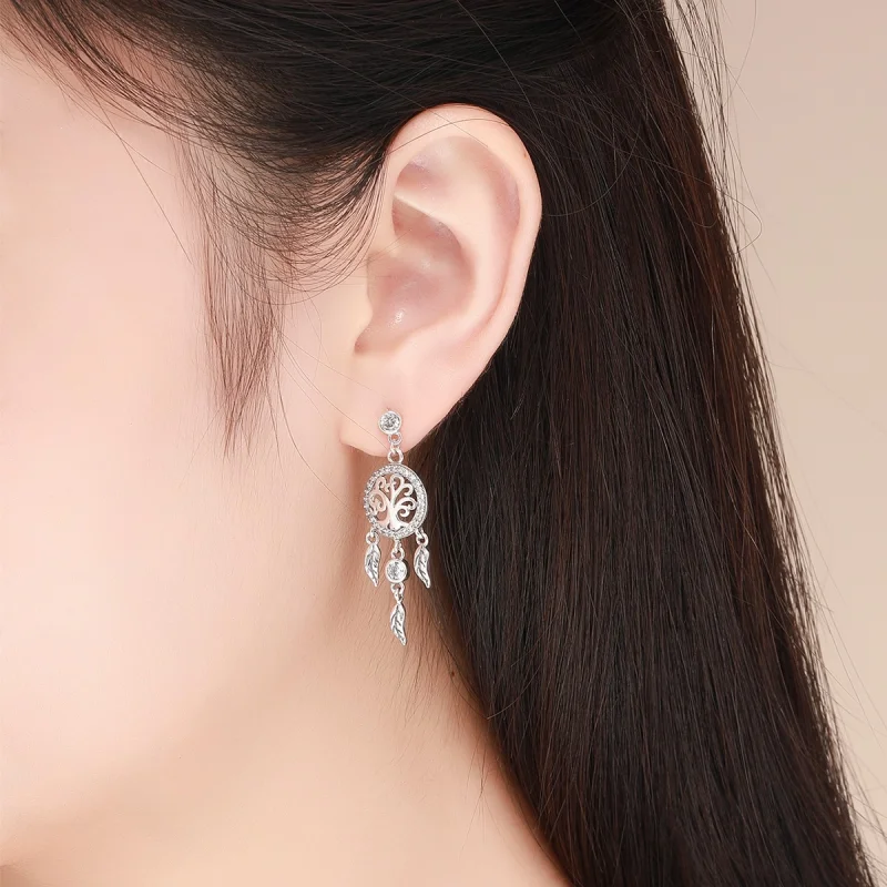 (image for) Pandora Style Silver Life Tree & Dream Catcher Hanging Earrings - SCE457 - View 7