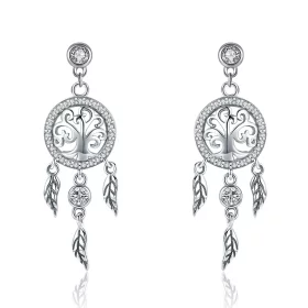 Pandora Style Silver Life Tree & Dream Catcher Hanging Earrings - SCE457 Pandora Style Silver Life Tree & Dream Catcher Hanging Earrings - SCE457