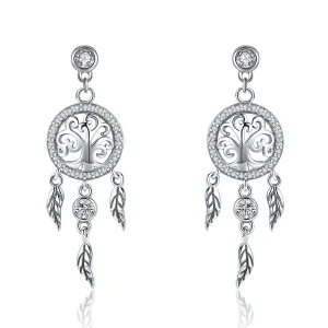 (image for) Pandora Style Silver Life Tree & Dream Catcher Hanging Earrings - SCE457