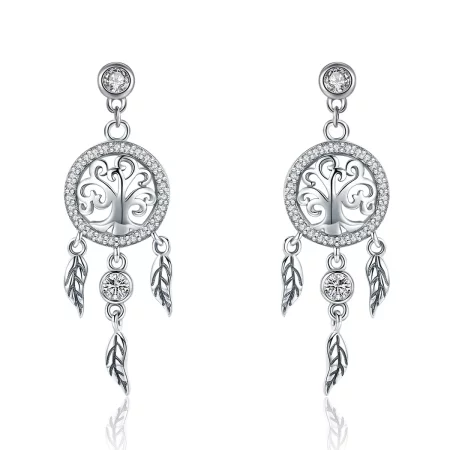 Pandora Style Silver Life Tree & Dream Catcher Hanging Earrings - SCE457