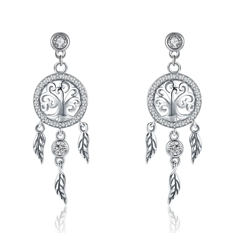 (image for) Pandora Style Silver Life Tree & Dream Catcher Hanging Earrings - SCE457 - Product Image