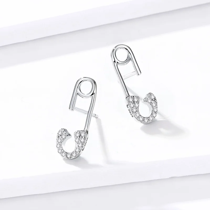 (image for) Pandora Style Silver Love safety pin Stud Earrings - BSE284 - View 2