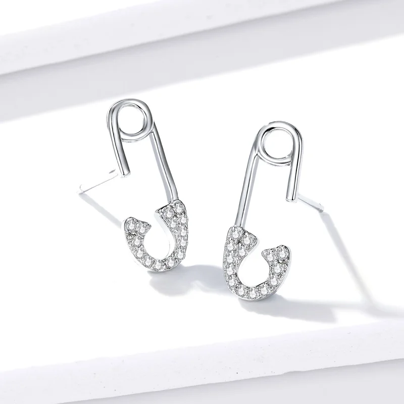 (image for) Pandora Style Silver Love safety pin Stud Earrings - BSE284 - View 4