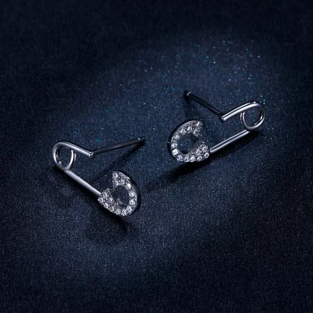 Pandora Style Silver Love safety pin Stud Earrings - BSE284