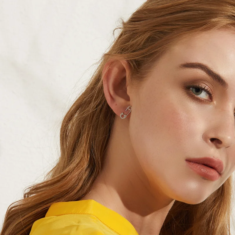 (image for) Pandora Style Silver Love safety pin Stud Earrings - BSE284 - View 8