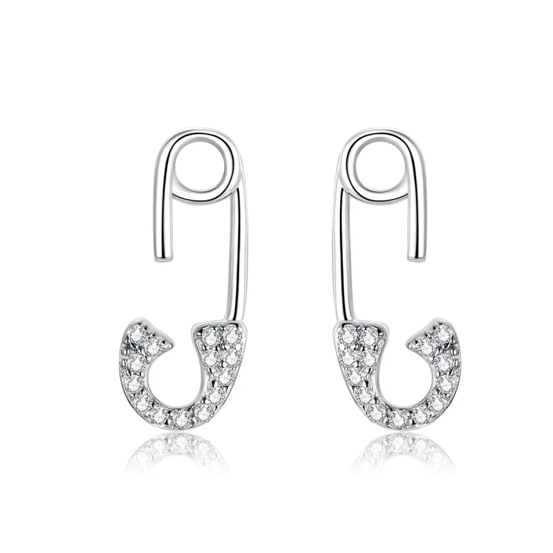 (image for) Pandora Style Silver Love safety pin Stud Earrings - BSE284 - Product Image