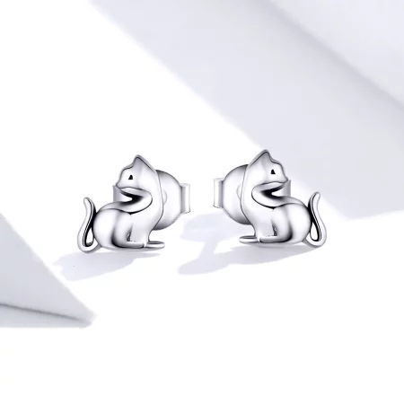 Pandora Style Silver Mischievous Cat Stud Earrings - SCE832
