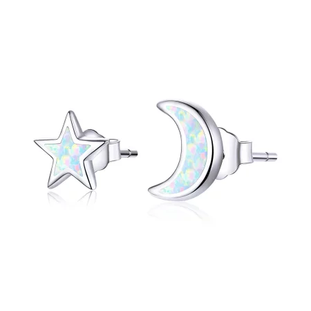 Pandora Style Silver Moon And Star Stud Earrings - SCE875