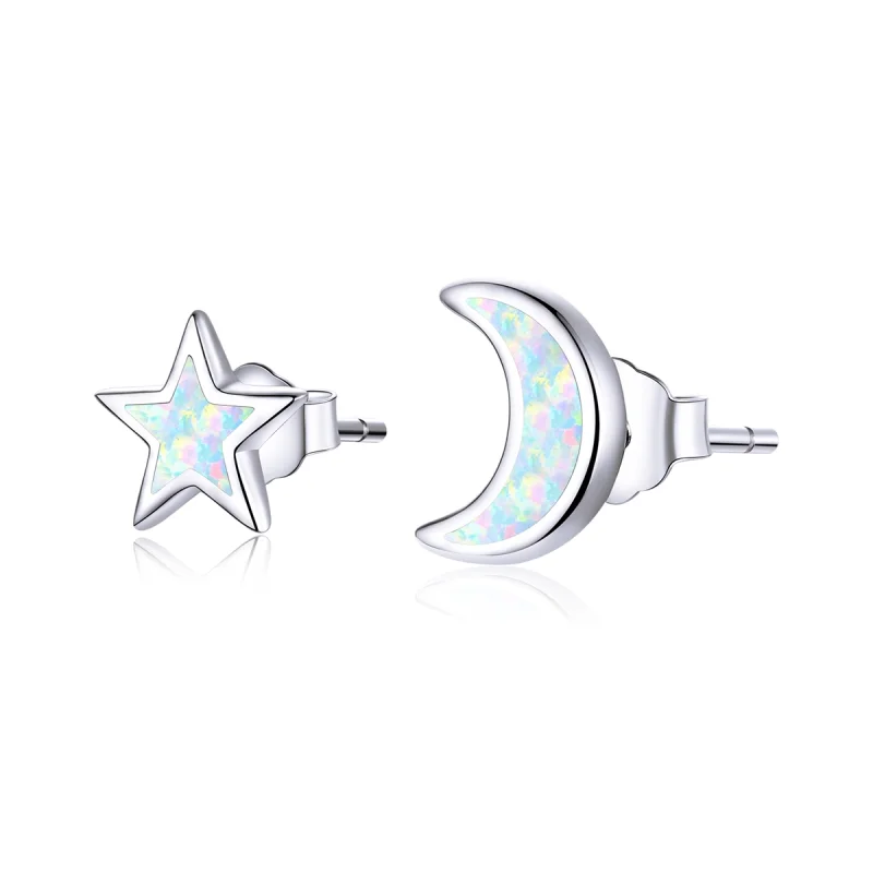 (image for) Pandora Style Silver Moon And Star Stud Earrings - SCE875 - Product Image