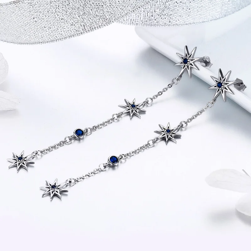 (image for) Pandora Style Silver Octagonal Star Dangle Earrings - BSE060 - View 3