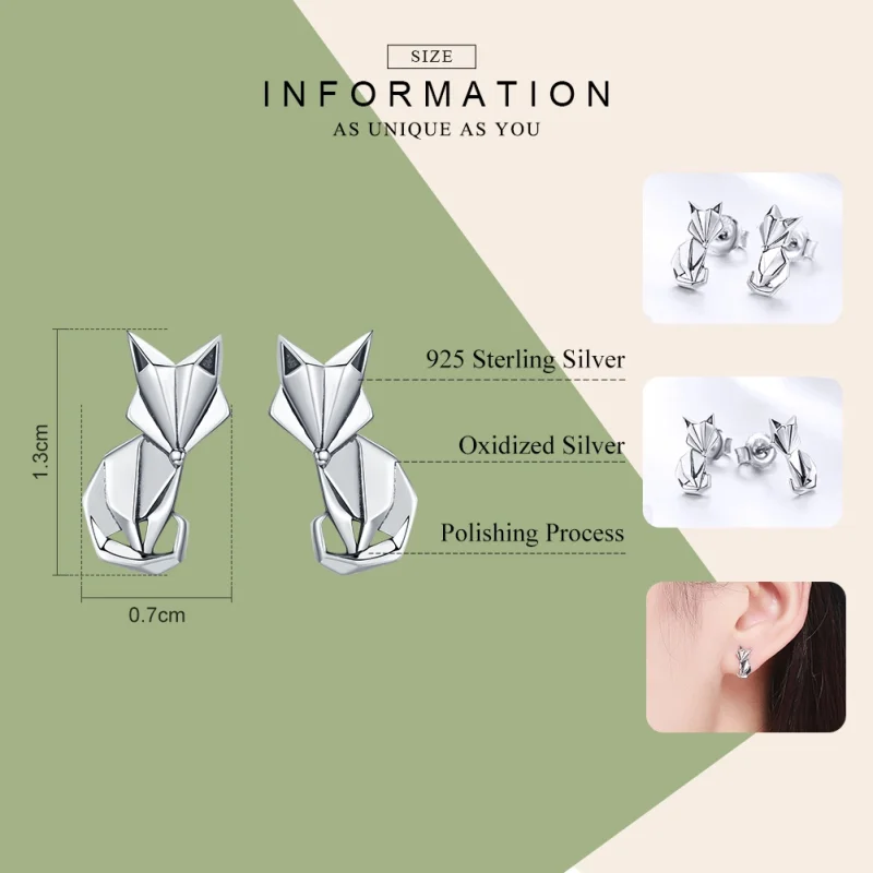 (image for) Pandora Style Silver Origami Fox Stud Earrings - SCE526 - View 2