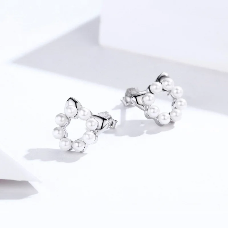 (image for) Pandora Style Silver Pearl Cat Stud Earrings - SCE688 - View 4