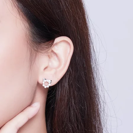 Pandora Style Silver Pearl Cat Stud Earrings - SCE688