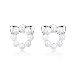 Pandora Style Silver Pearl Cat Stud Earrings - SCE688 Pandora Style Silver Pearl Cat Stud Earrings - SCE688