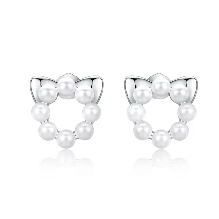 Pandora Style Silver Pearl Cat Stud Earrings - SCE688