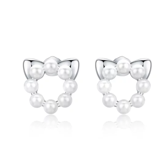 Pandora Style Silver Pearl Cat Stud Earrings - SCE688