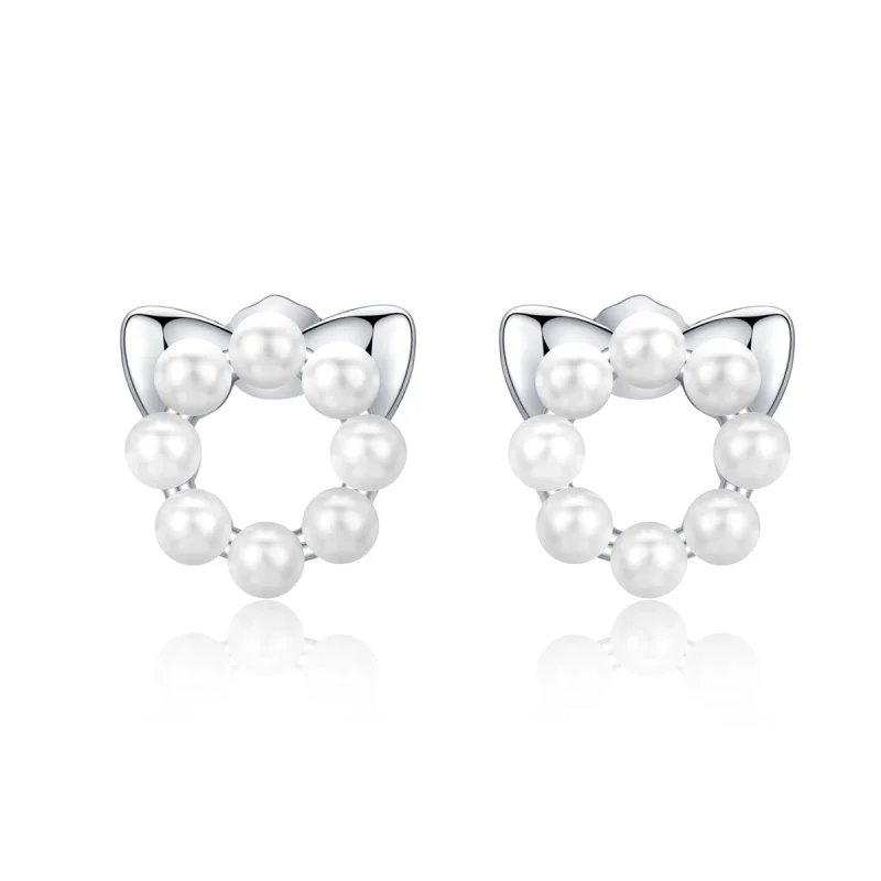 (image for) Pandora Style Silver Pearl Cat Stud Earrings - SCE688 - Product Image