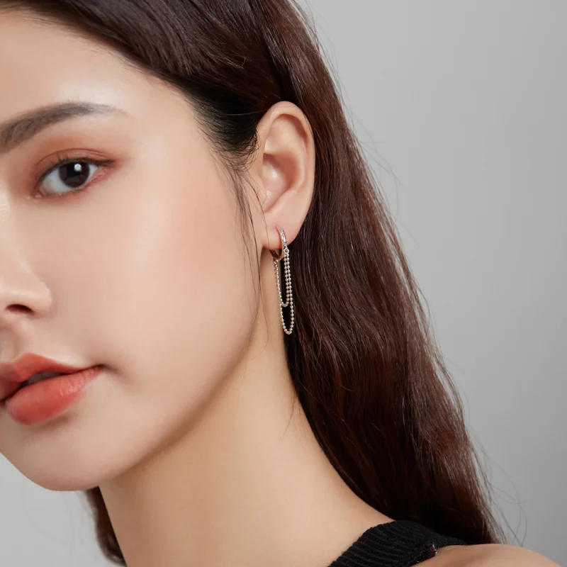 (image for) Pandora Style Silver Pearl Chain Dangle Earrings - SCE1121 - View 5