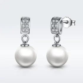 Pandora Style Silver Pearl Hanging Earrings - SCE006 Pandora Style Silver Pearl Hanging Earrings - SCE006