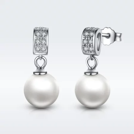 Pandora Style Silver Pearl Hanging Earrings - SCE006 Pandora Style Silver Pearl Hanging Earrings - SCE006