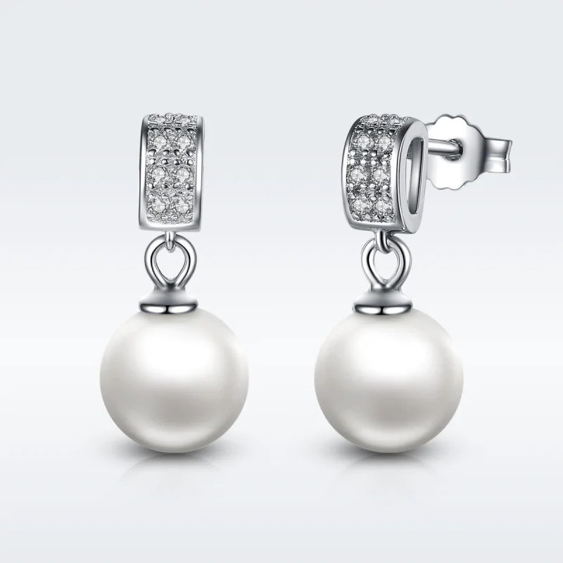 (image for) Pandora Style Silver Pearl Hanging Earrings - SCE006 - Product Image