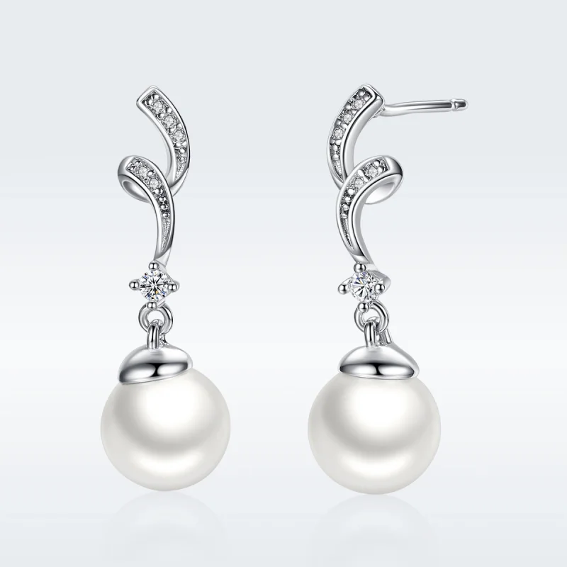 (image for) Pandora Style Silver Pearl Hanging Earrings - SCE035 - View 2