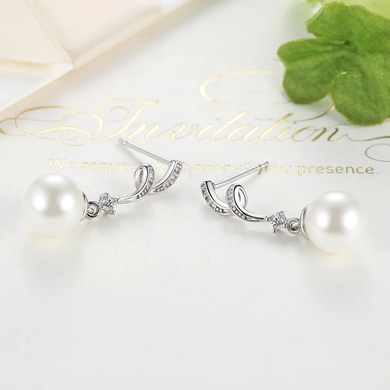 (image for) Pandora Style Silver Pearl Hanging Earrings - SCE035 - View 4
