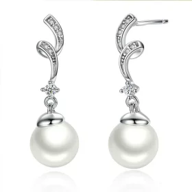 Pandora Style Silver Pearl Hanging Earrings - SCE035 Pandora Style Silver Pearl Hanging Earrings - SCE035
