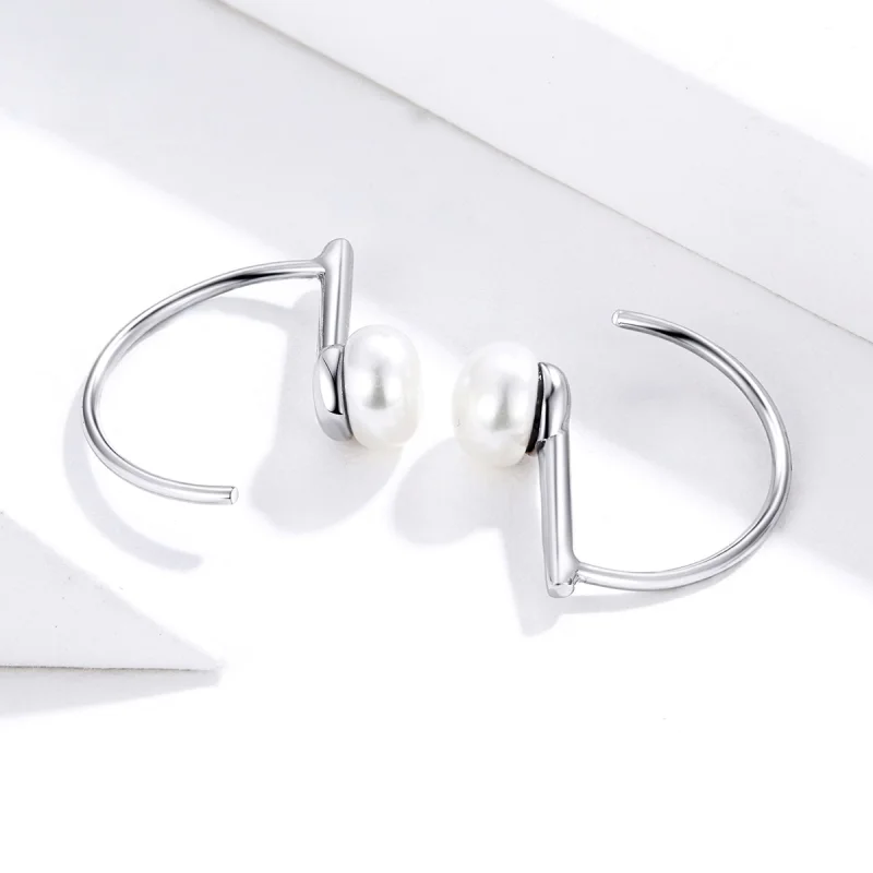 (image for) Pandora Style Silver Pearl Hanging Earrings - SCE604-A - View 5