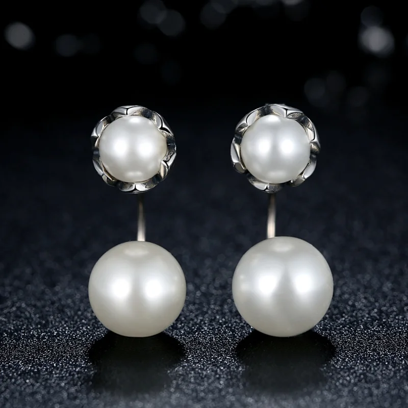 (image for) Pandora Style Silver Pearl Stud Earrings - SCE002 - View 3