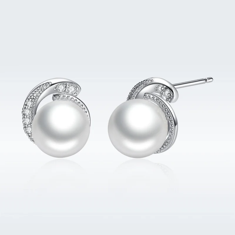 (image for) Pandora Style Silver Pearl Stud Earrings - SCE021 - View 2