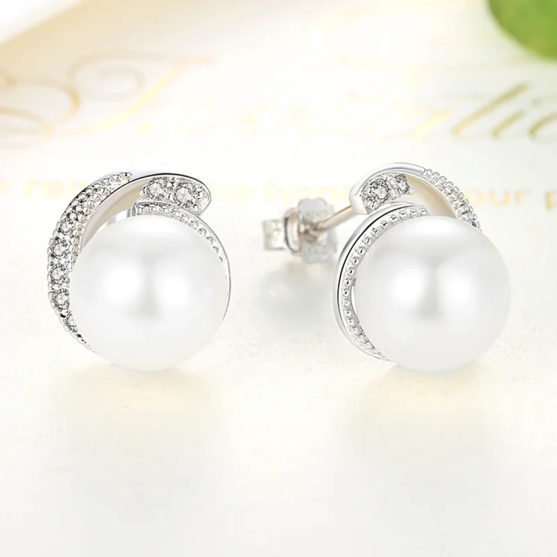 (image for) Pandora Style Silver Pearl Stud Earrings - SCE021 - View 3