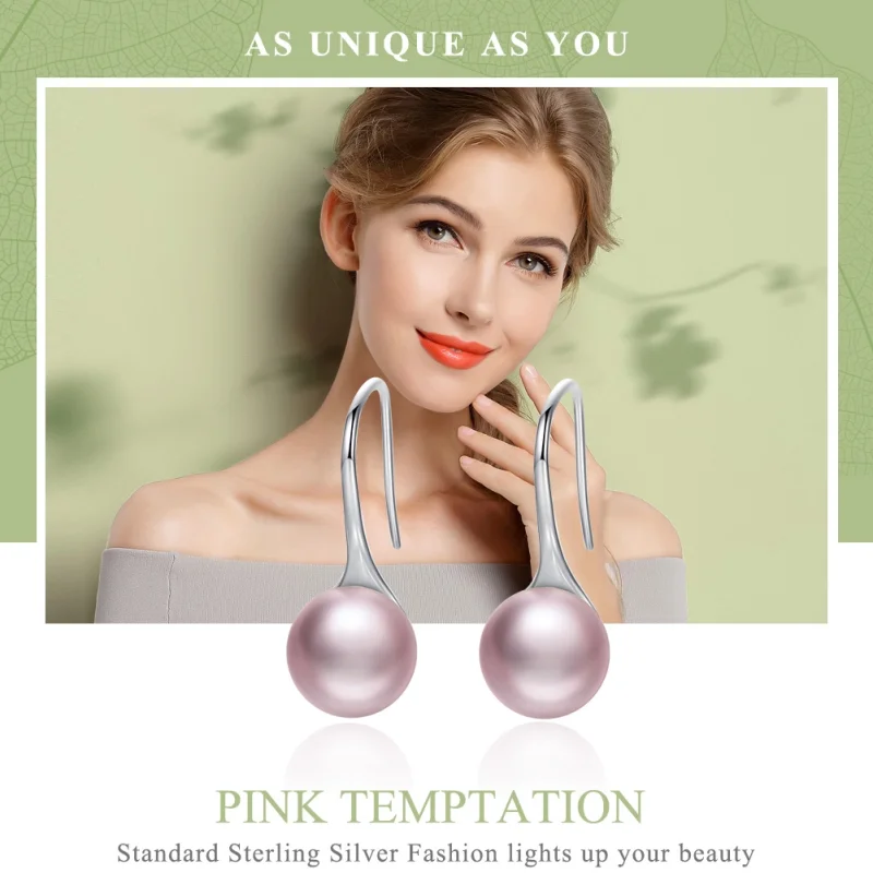 (image for) Pandora Style Silver Pink Pearl Hanging Earrings - SCE145 - View 3