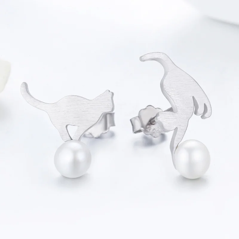 (image for) Pandora Style Silver Playful Kitten Stud Earrings - SCE235 - View 4