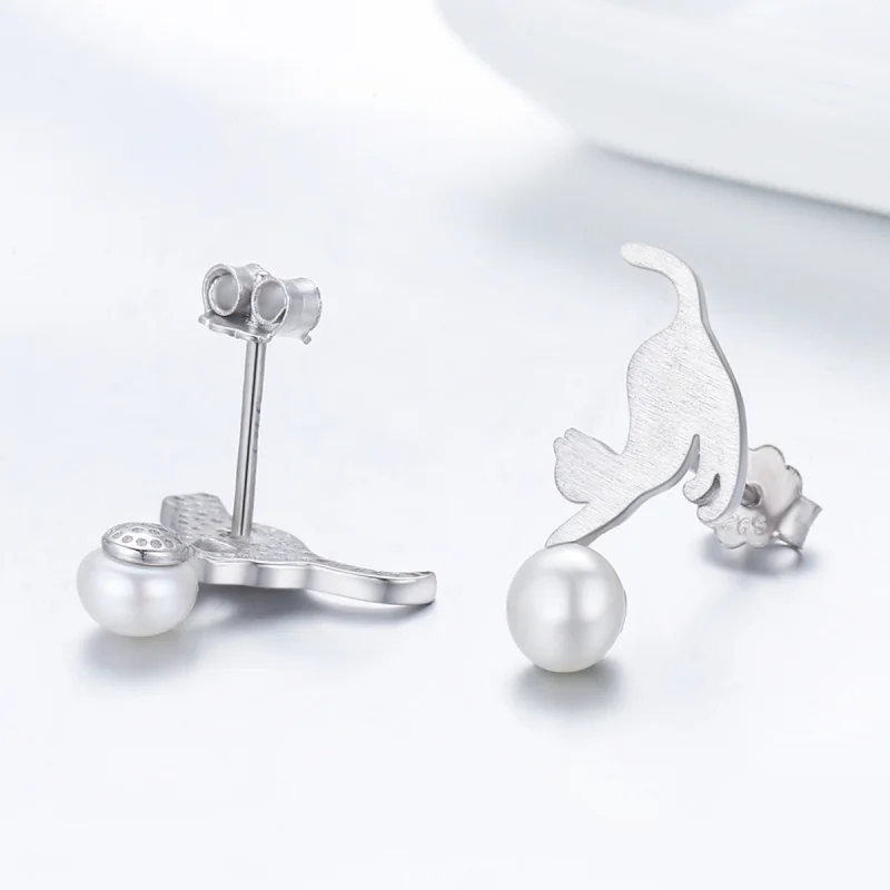 (image for) Pandora Style Silver Playful Kitten Stud Earrings - SCE235 - View 5