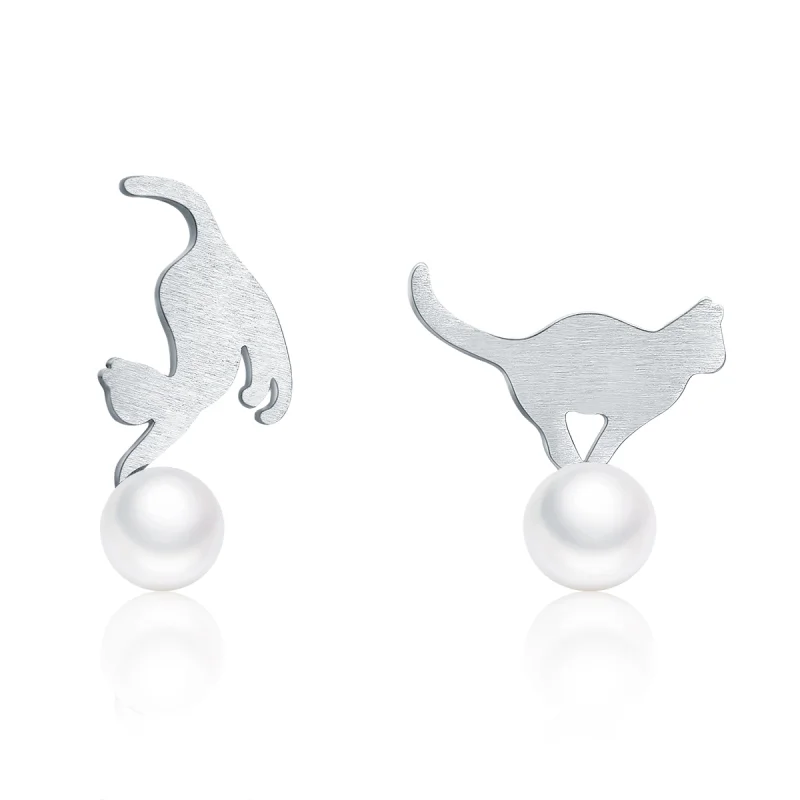 (image for) Pandora Style Silver Playful Kitten Stud Earrings - SCE235 - Product Image