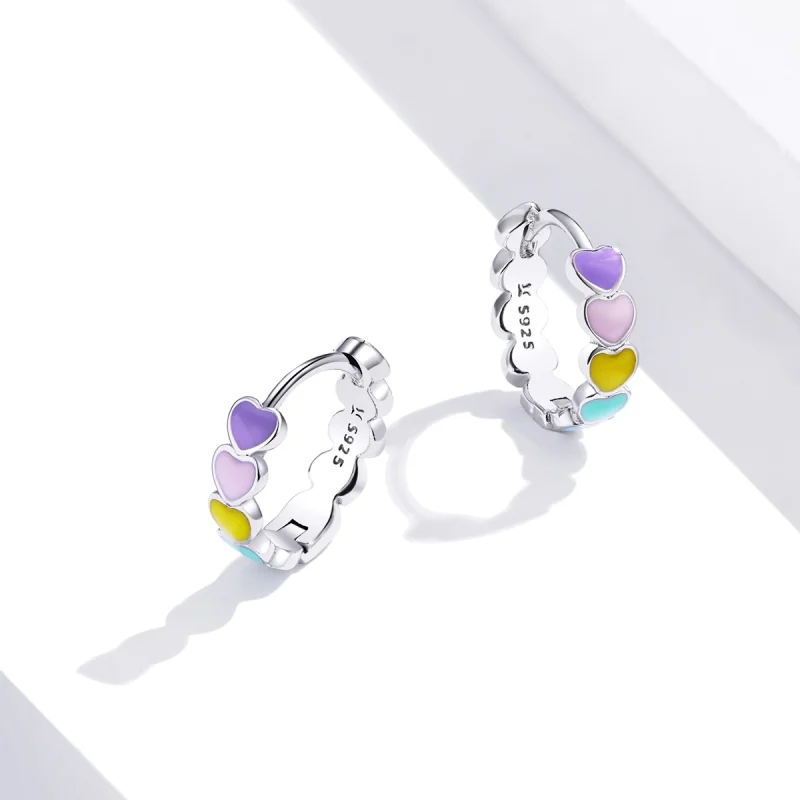 (image for) Pandora Style Silver Rainbow Hearts Hoop Earrings - SCE909 - View 3