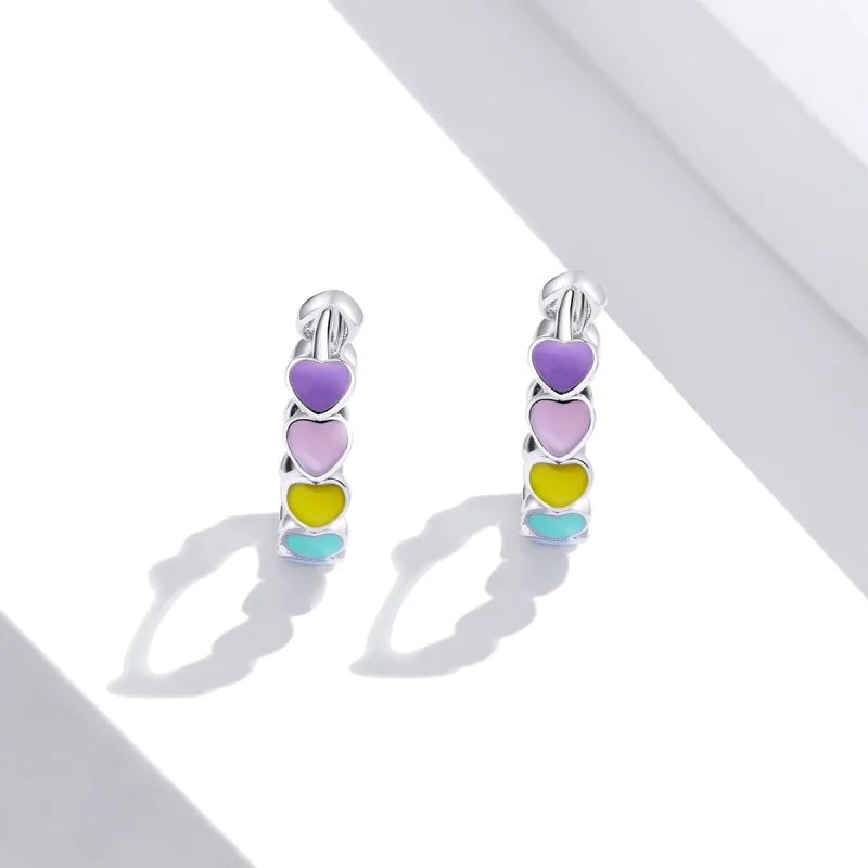 (image for) Pandora Style Silver Rainbow Hearts Hoop Earrings - SCE909 - View 4