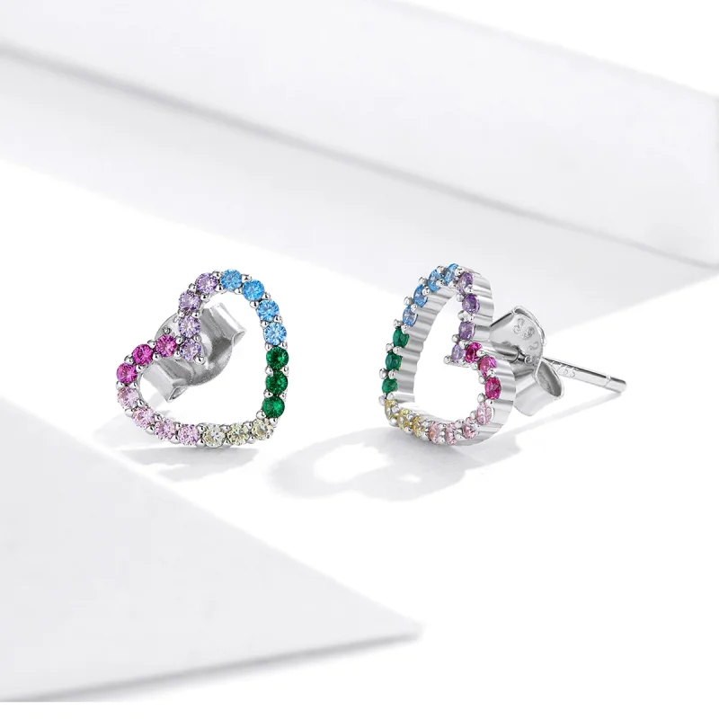(image for) Pandora Style Silver Rainbow Hearts Stud Earrings - SCE891 - View 3