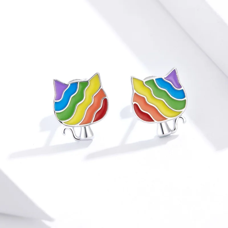 (image for) Pandora Style Silver Rainbow Kitty Stud Earrings - SCE823 - View 2