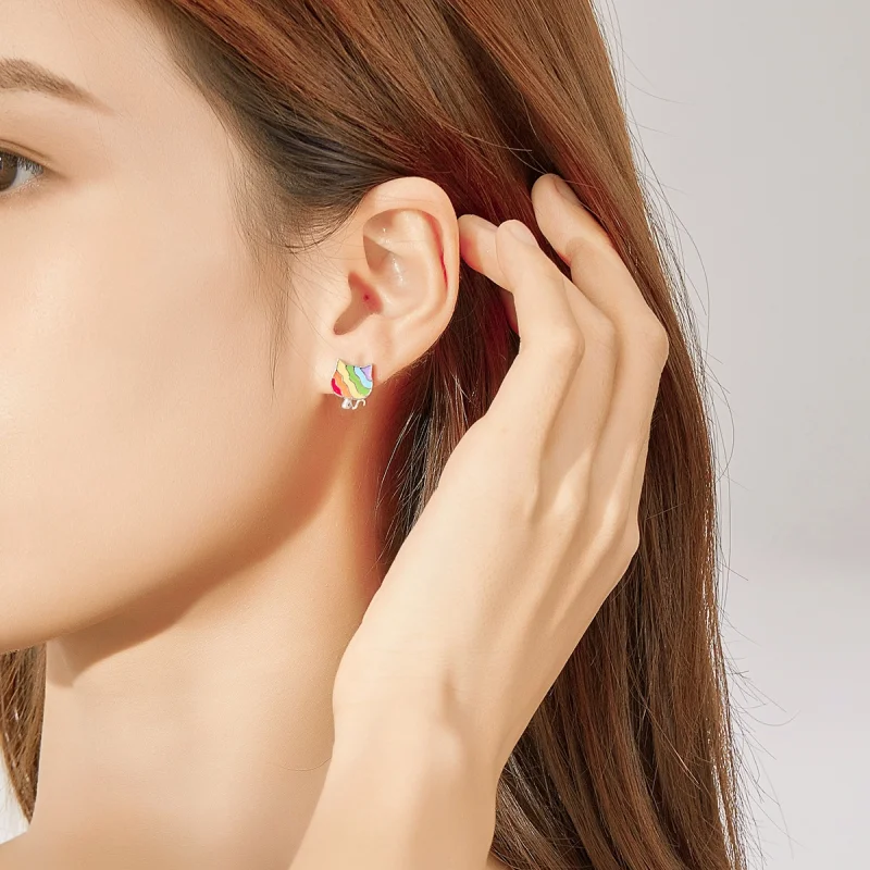 (image for) Pandora Style Silver Rainbow Kitty Stud Earrings - SCE823 - View 6