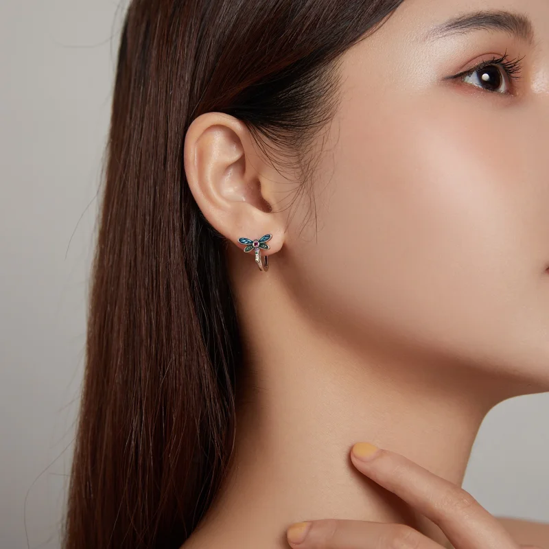 (image for) Pandora Style Silver Retro Dragonfly Hoop Earrings - SCE1172 - View 5