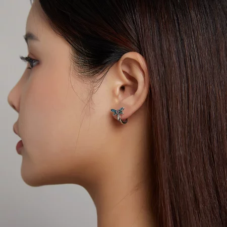 Pandora Style Silver Retro Dragonfly Hoop Earrings - SCE1172