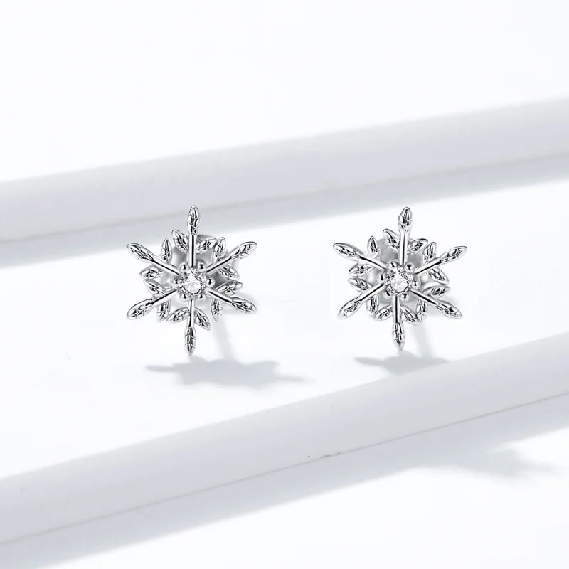 (image for) Pandora Style Silver Romantic Snowflakes Stud Earrings - BSE424 - View 2