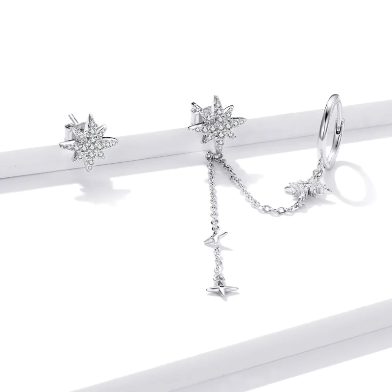 (image for) Pandora Style Silver Shining Stars Dangle Earrings - BSE433 - View 2