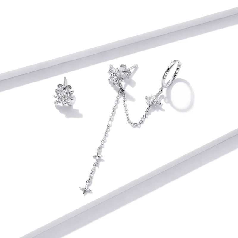 (image for) Pandora Style Silver Shining Stars Dangle Earrings - BSE433 - View 3